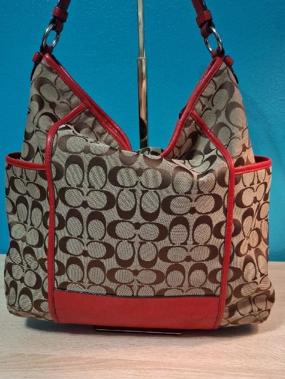 Coach Park Signature Canvas Shoulder Bag in Tan with Red Trim F30341